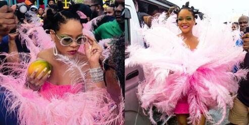 蕾哈娜跑趴穿搭也太狂！哪吒头配粉红羽毛手上还拿颗芒果？ ,stylechina.com